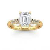Yellow Gold Emerald Diamond Engagement Ring With Double Pavé Accent Band