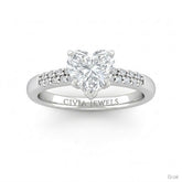Silver Heart Diamond Engagement Ring With Double Pavé Accent Band