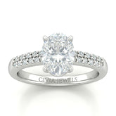 Silver Oval Diamond Engagement Ring With Double Pavé Accent Band