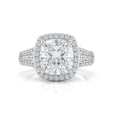 Silver Cushion Diamond Halo Engagement Ring With Triple Split Pave Shank