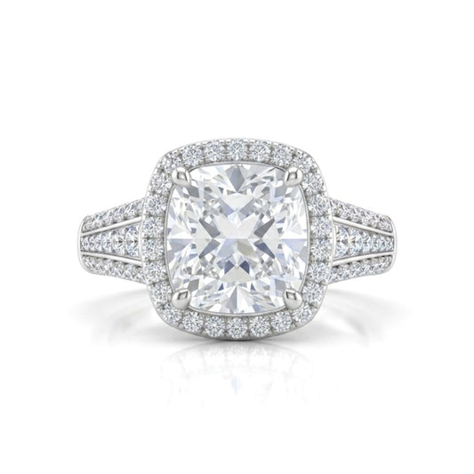 Silver Cushion Diamond Halo Engagement Ring With Triple Split Pave Shank