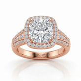 Rose Gold Cushion Diamond Halo Engagement Ring With Triple Split Pave Shank