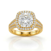 Yellow Gold Cushion Diamond Halo Engagement Ring With Triple Split Pave Shank