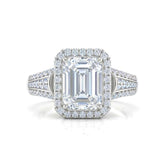 White Gold Emerald Diamond Halo Engagement Ring With Triple Split Pave Shank