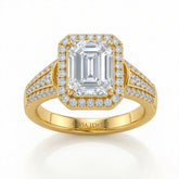 Yellow Gold Emerald Diamond Halo Engagement Ring With Triple Split Pave Shank