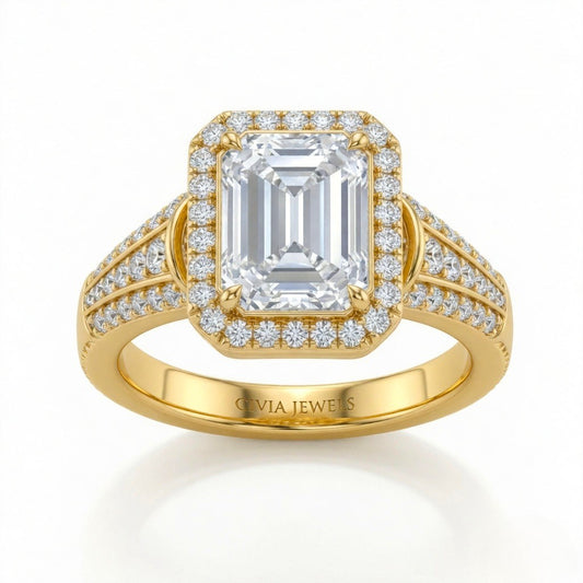 Yellow Gold Emerald Diamond Halo Engagement Ring With Triple Split Pave Shank