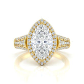 Yellow Gold Marquise Diamond Halo Engagement Ring With Triple Split Pave Shank
