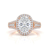 Rose Gold Oval Diamond Halo Engagement Ring With Triple Split Pave Shank
