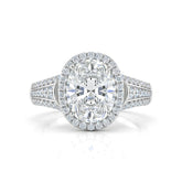 Silver Oval Diamond Halo Engagement Ring With Triple Split Pave Shank