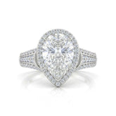Silver Pear Diamond Halo Engagement Ring With Triple Split Pave Shank