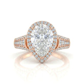 Rose Gold Pear Diamond Halo Engagement Ring With Triple Split Pave Shank