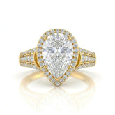 Yellow Gold Pear Diamond Halo Engagement Ring With Triple Split Pave Shank