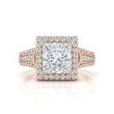 Rose Gold Princess Diamond Halo Engagement Ring With Triple Split Pave Shank
