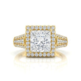 Yellow Gold Princess Diamond Halo Engagement Ring With Triple Split Pave Shank