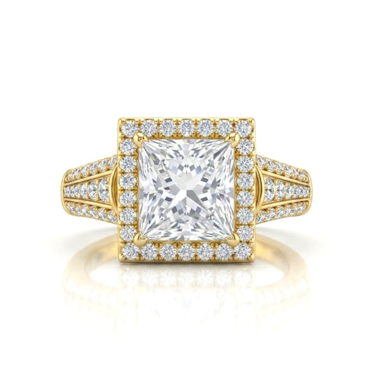 Yellow Gold Princess Diamond Halo Engagement Ring With Triple Split Pave Shank
