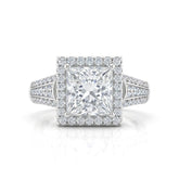 White Gold Princess Diamond Halo Engagement Ring With Triple Split Pave Shank