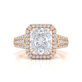 Rose Gold Radiant Diamond Halo Engagement Ring With Triple Split Pave Shank