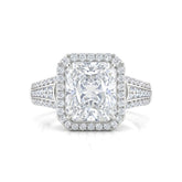 Silver Radiant Diamond Halo Engagement Ring With Triple Split Pave Shank