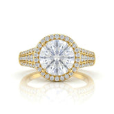 Yellow Gold Round Diamond Halo Engagement Ring With Triple Split Pave Shank