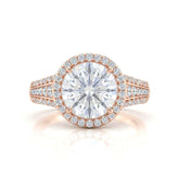 Rose Gold Round Diamond Halo Engagement Ring With Triple Split Pave Shank