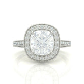 White Gold Cushion Diamond Halo Engagement Ring With Pave Band