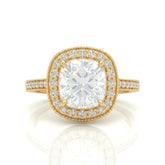 Yellow Gold Cushion Diamond Halo Engagement Ring With Pave Band