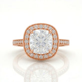 Rose Gold Cushion Diamond Halo Engagement Ring With Pave Band