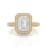 Yellow Gold Emerald Diamond Halo Engagement Ring With Pave Band
