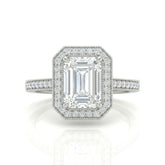 White Gold Emerald Diamond Halo Engagement Ring With Pave Band
