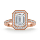 Rose Gold Emerald Diamond Halo Engagement Ring With Pave Band
