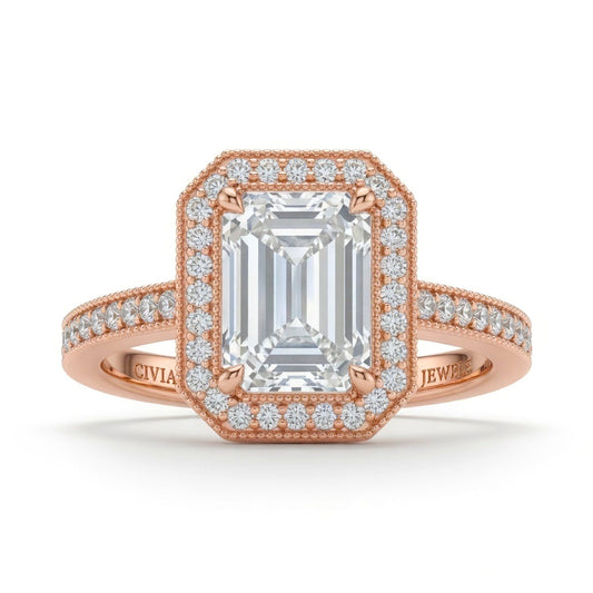 Rose Gold Emerald Diamond Halo Engagement Ring With Pave Band