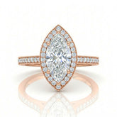 Rose Gold Marquise Diamond Halo Engagement Ring With Pave Band