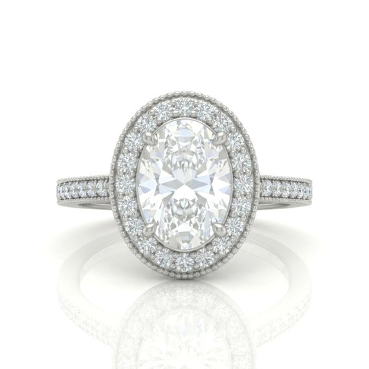 Silver Oval Diamond Halo Engagement Ring With Pave Band