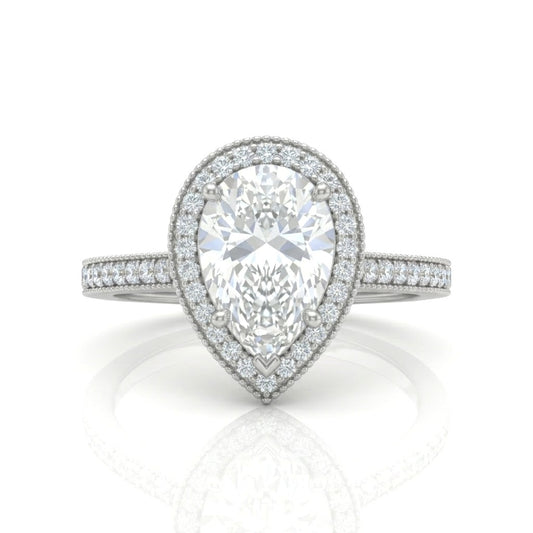 Silver Pear Diamond Halo Engagement Ring With Pave Band