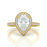 Yellow Gold Pear Diamond Halo Engagement Ring With Pave Band