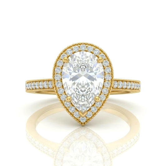 Yellow Gold Pear Diamond Halo Engagement Ring With Pave Band