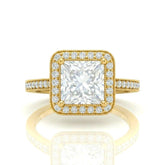 Yellow Gold Princess Diamond Halo Engagement Ring With Pave Band