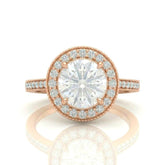 Rose Gold Round Diamond Halo Engagement Ring With Pave Band