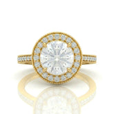 Yellow Gold Round Diamond Halo Engagement Ring With Pave Band