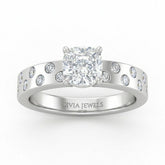Silver Cushion Diamond Scattered Engagement Ring With Flush Set Accent Band