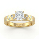 Yellow Gold Cushion Diamond Scattered Engagement Ring With Flush Set Accent Band