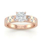 Rose Gold Cushion Diamond Scattered Engagement Ring With Flush Set Accent Band