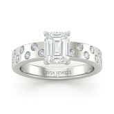 Silver Emerald Diamond Scattered Engagement Ring With Flush Set Accent Band