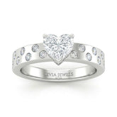 Silver Heart Diamond Scattered Engagement Ring With Flush Set Accent Band