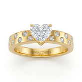 Yellow Gold Heart Diamond Scattered Engagement Ring With Flush Set Accent Band
