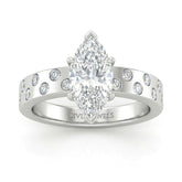 Silver Marquise Diamond Scattered Engagement Ring With Flush Set Accent Band