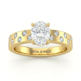 Yellow Gold Oval Diamond Scattered Engagement Ring With Flush Set Accent Band