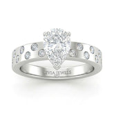 Silver Pear Diamond Scattered Engagement Ring With Flush Set Accent Band