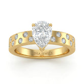 Yellow Gold Pear Diamond Scattered Engagement Ring With Flush Set Accent Band