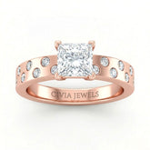 Rose Gold Princess Diamond Scattered Engagement Ring With Flush Set Accent Band